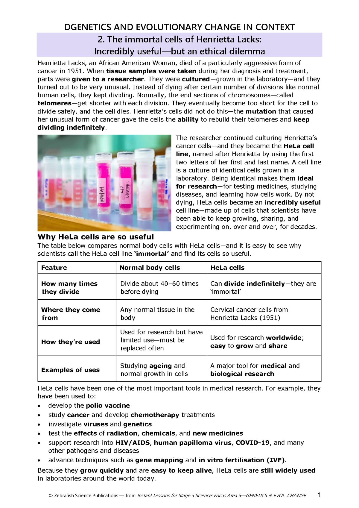 FREE WORKSHEET The immortal cells of Henrietta Lacks: Incredibly useful—but an ethical dilemma